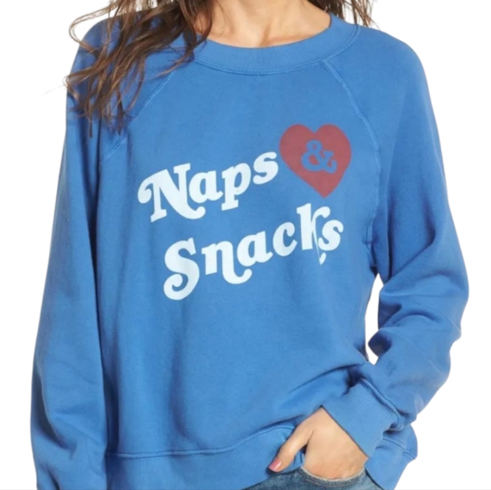 Wildfox‎ Blue Sweatshirt Naps And Snacks Heart Graphic Cozy Size Large